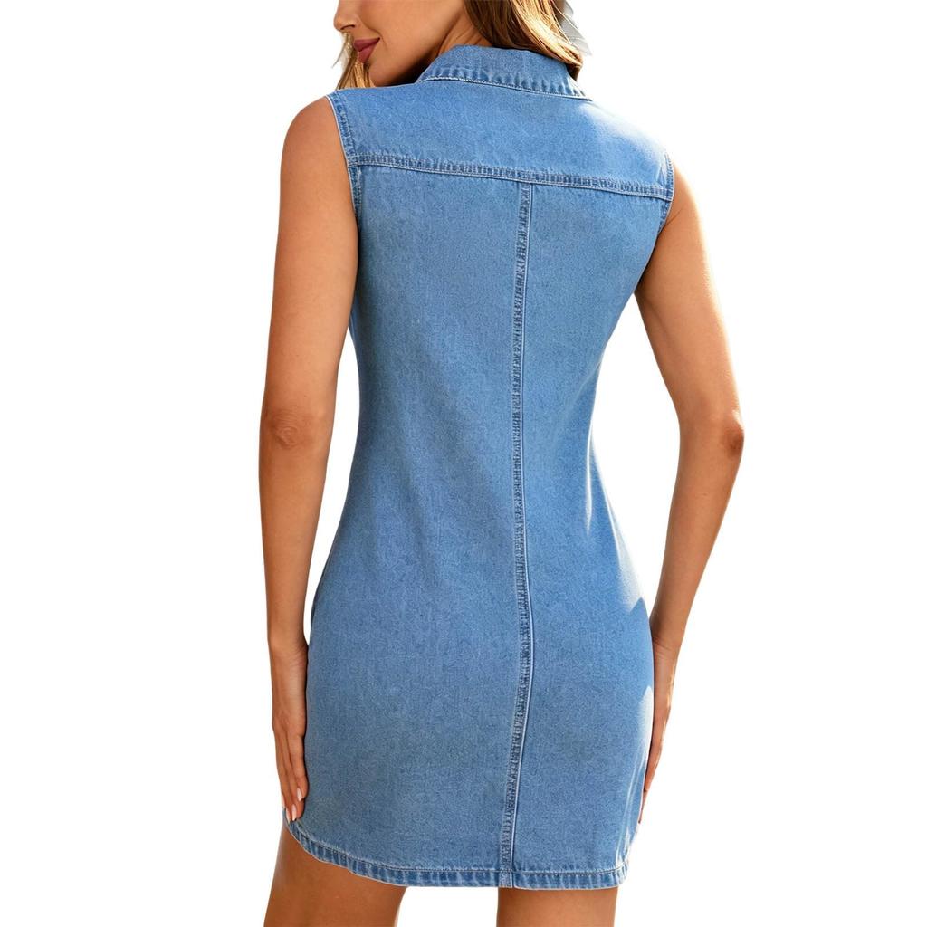 Abito di Jeans Senza Maniche con Bottoni Davanti Slim Fit Casual Mini Abito con Collo e Tasche sul Petto per Donna