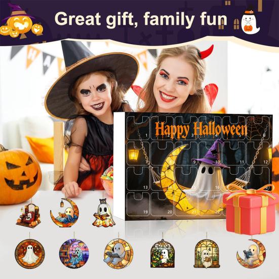 2025 Halloween 2D Ghost Reading Ornament Countdown Set 24 Days Advent Calendar Stained Glass Window Hanging Suncatchers for Home Decor