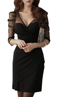 Mini Tight Long Tube Hostess [toasoa] Women's Dress, Sleeves, Top, Strapless, Dress, Club, Cocktail, V-Neck, Sheer, Sexy, See-Through (02 - L)