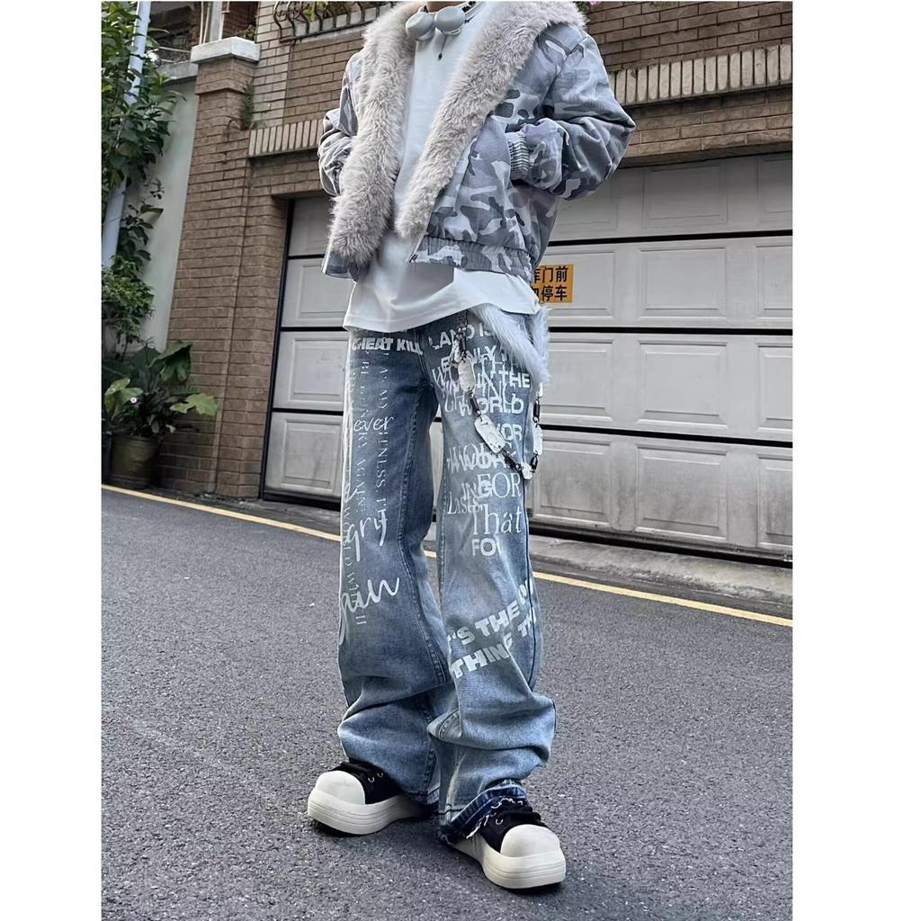 Spodnie podłogowe z literami graffiti High Street Retro Postarzane Prane Jeansy