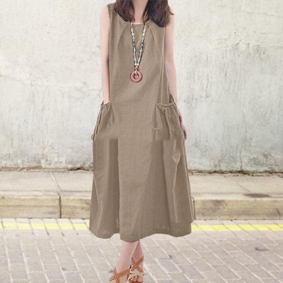

Летнее платье-миди трапециевидной формы со свободным вырезом плюс чистый цвет с круглыми карманами, размер, без рукавов, ретро-сарафан, повседневный XL хаки