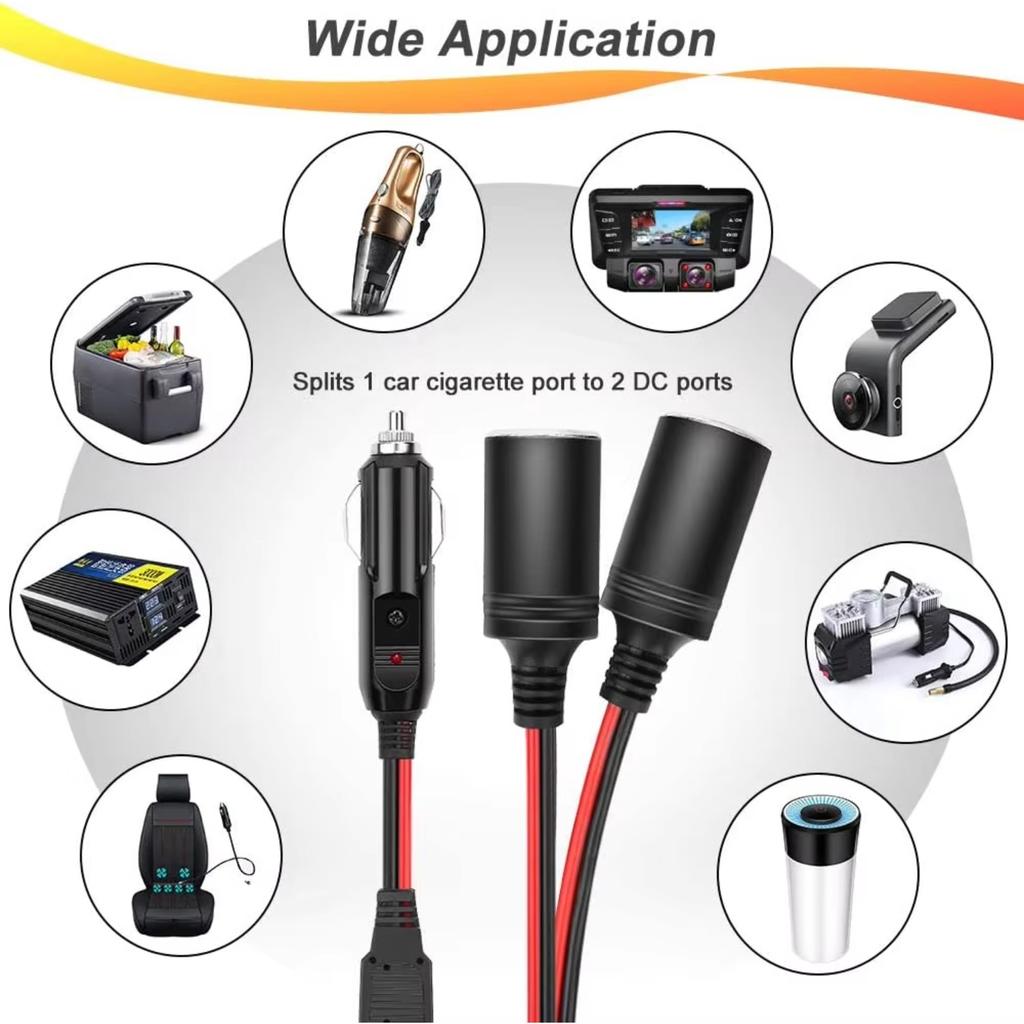 Extractme Car Cigarette Lighter Splitter Adapter Power Charger Port 16AWG 12/24V Plug Socket 2-Way Splitter with 15A Fuse