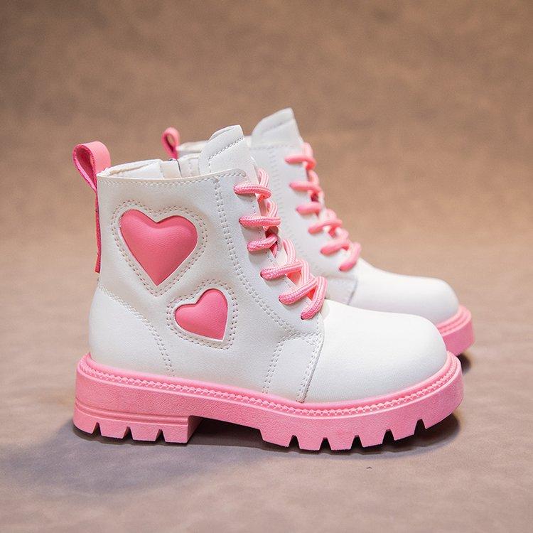Girls Fashion Boots Kids Rubber Leather Boots Autumn and Winter Cotton Soft Sole Pink with Love Side Zip Children Princess Boots