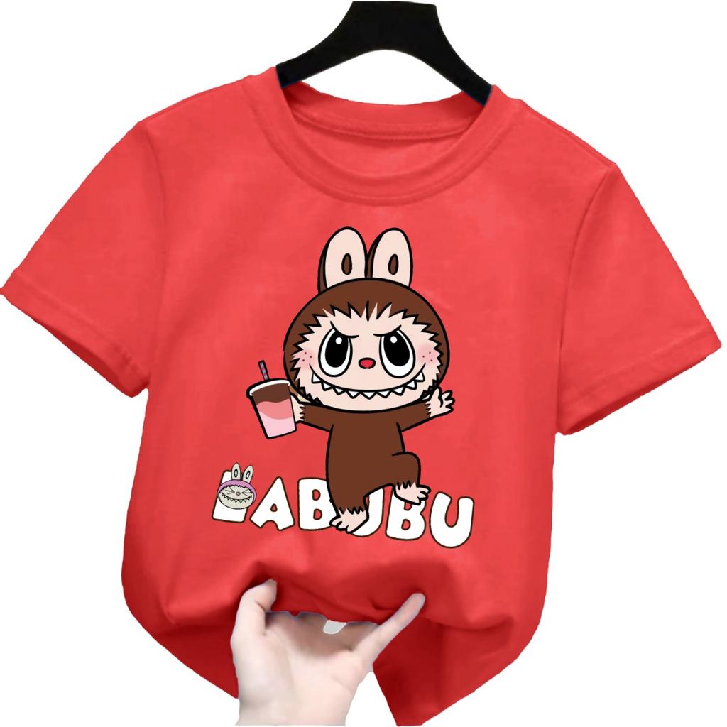 2025 New Labubu Children's T-shirt LABUBU Holding Milk Tea Pattern Girl Round Neck Short Sleeved Casual Versatile Clothing
