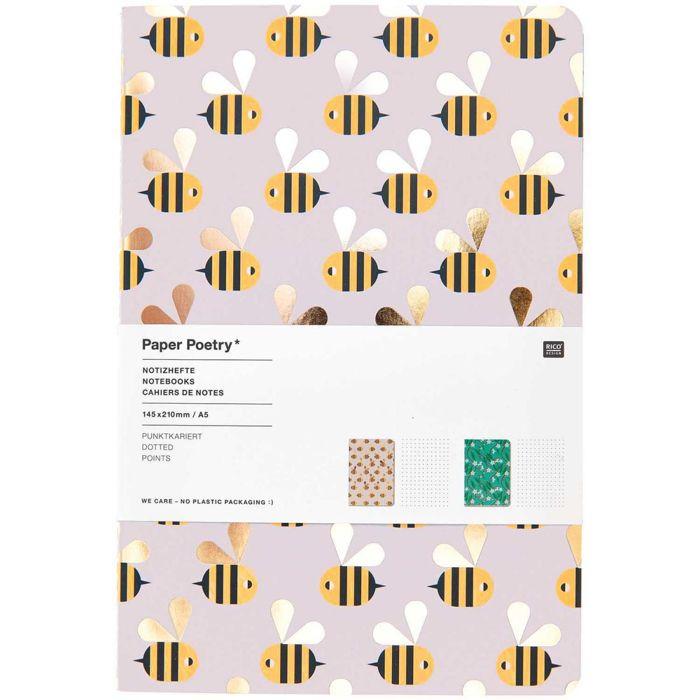 Bloc de notas A5 - Rico Design - Abeja/Flor - 50 hojas - 2 unidades - Amarillo y azul