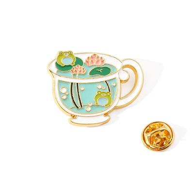 Insignia de metal criativa para bar, broche de sapo e flor de lótus em xícara, joia requintada personalizada, bolsa, roupa