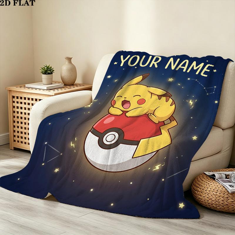 Custom Name,Pikachu Printed Flannel Blanket, soft throw for bedroom sofa, washable, Christmas present, great gift.