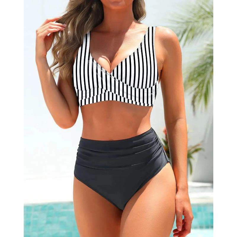 Fashionable High-Waist Bikini Swimsuit Separate Colors Printed Cross Design Women's Swimwear Elegant Chic Poolside Outfit