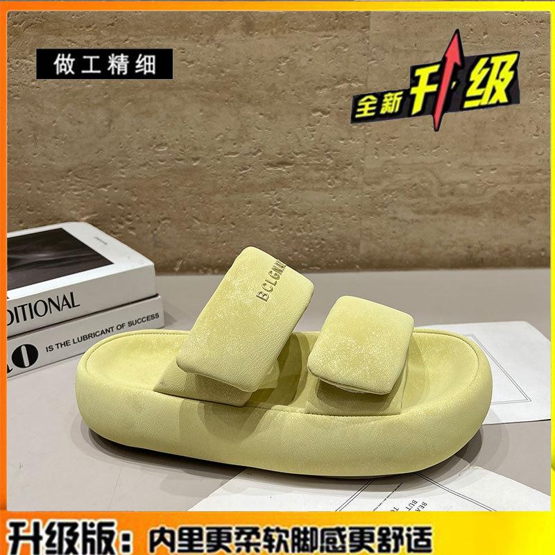 Leather thick-soled one-word slippers women wear summer bread cool slippers Velcro casual women's shoes
