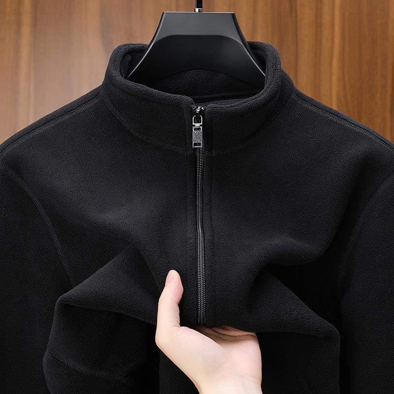 Autumn Men Polar Fleece Cardigan Sweatshirts Men's Stand Up Collar Zipper Jackets Y2K Vintage Solid Color Coats Basic Tracksuit