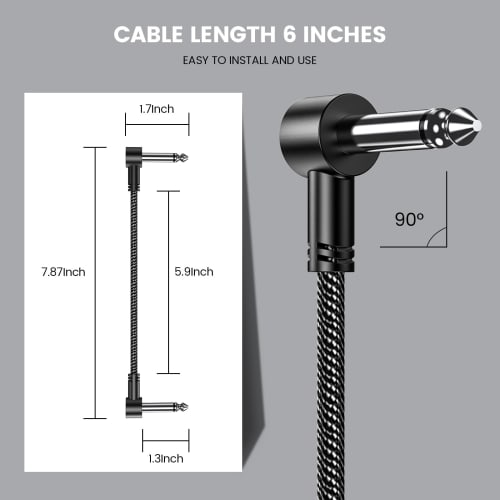 MOSWAG Patch Cables, 3-Pack, 6-Inch Pedal Board Cable, 1/4-Inch Guitar Patch Auxiliary Cable, Right-Angled Guitar Effect Pedal Cable, Compatible with