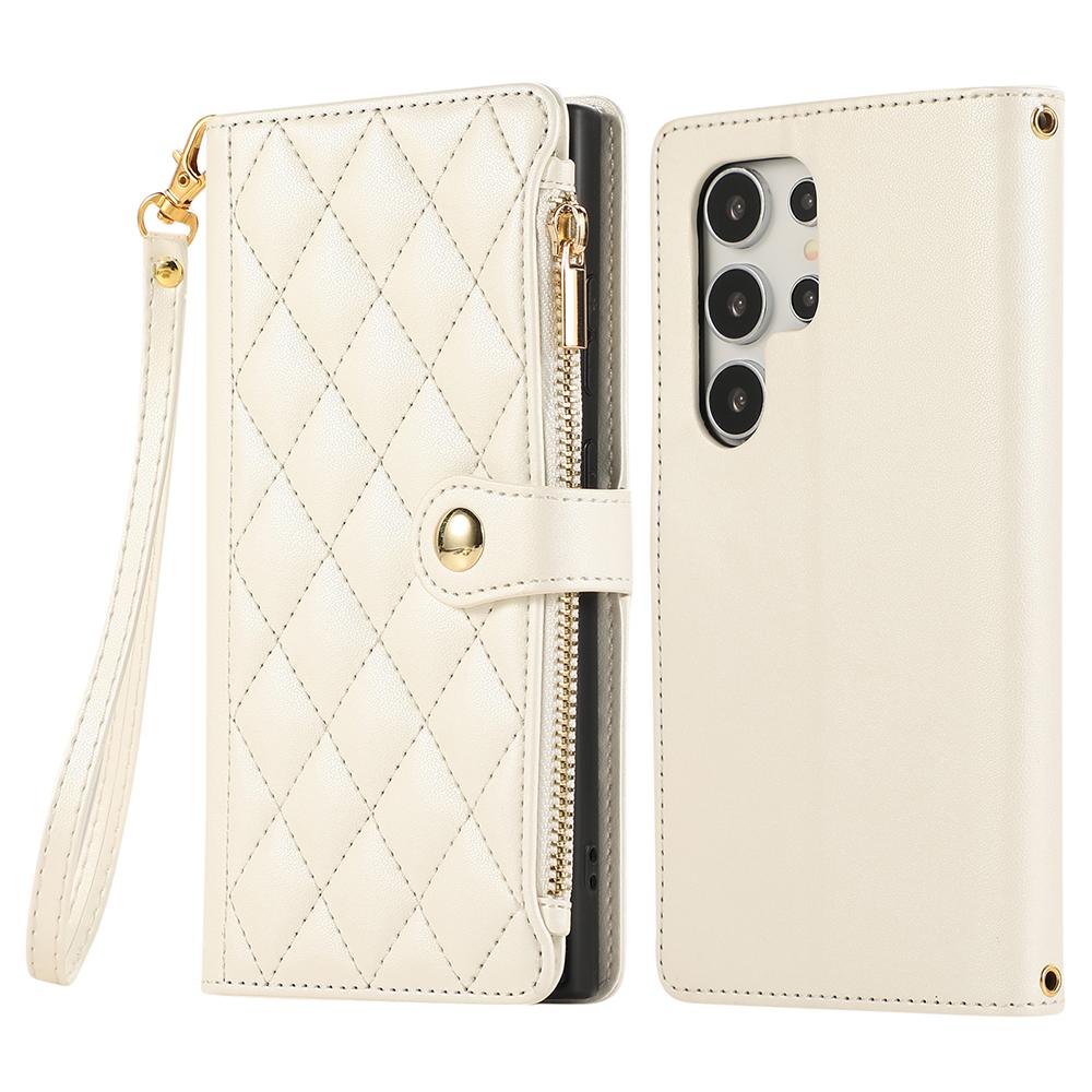 For Samsung Galaxy S24 Ultra Case Multi Card Slots Zipper Rhombus Leather Phone Cover with Wrist Strap