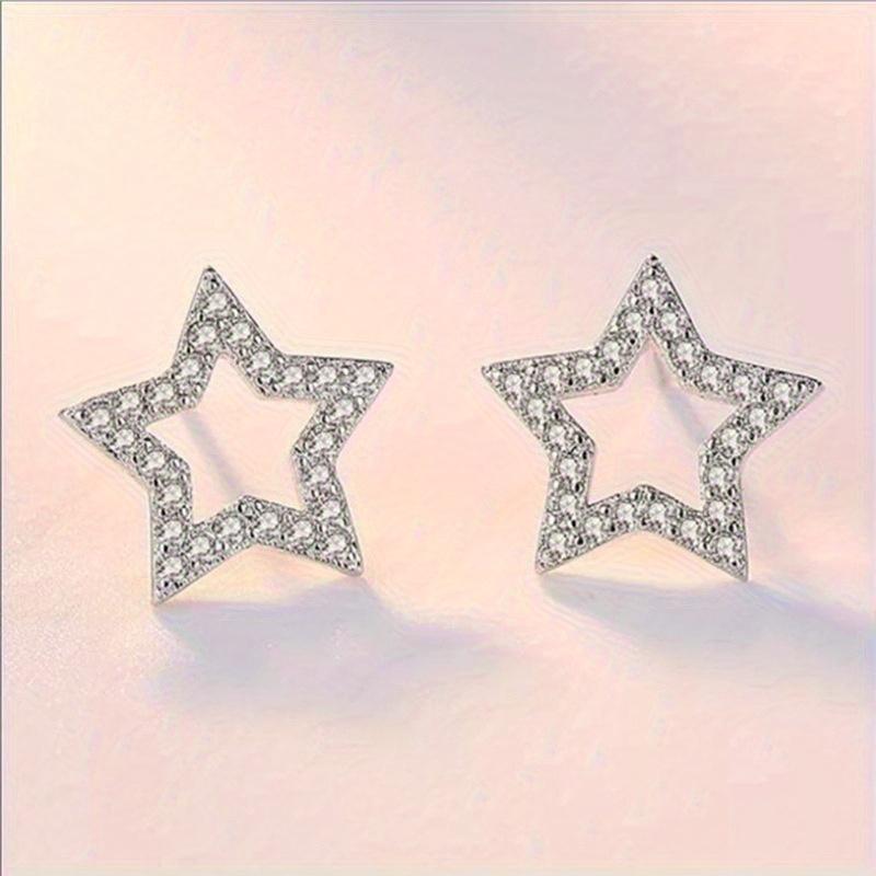 A Pair of Stylish Small Hollow Synthetic Zircon Pentagram Earrings, Elegant Star Shape and Versatile Geometric Earrings