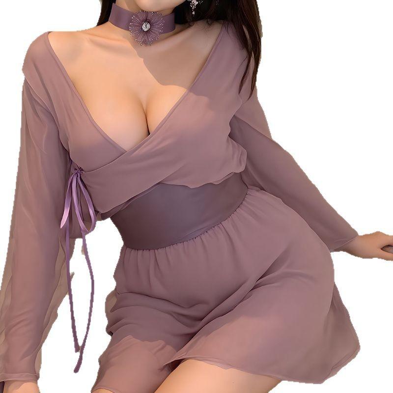 Sexy purple Chinese sexy cos uniform pajama set pure desire to wipe the edge open crotch perspective nightgown