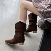 Fashion 2025 new Autumn Western Boots Cow Suede Leather Women Shoes Pointed Toe Chunky Heel Women Boots Mid-calf Chelsea Boots Retro