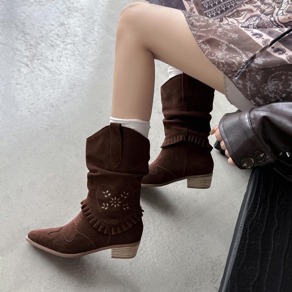 Fashion 2025 new Autumn Western Boots Cow Suede Leather Women Shoes Pointed Toe Chunky Heel Women Boots Mid-calf Chelsea Boots Retro