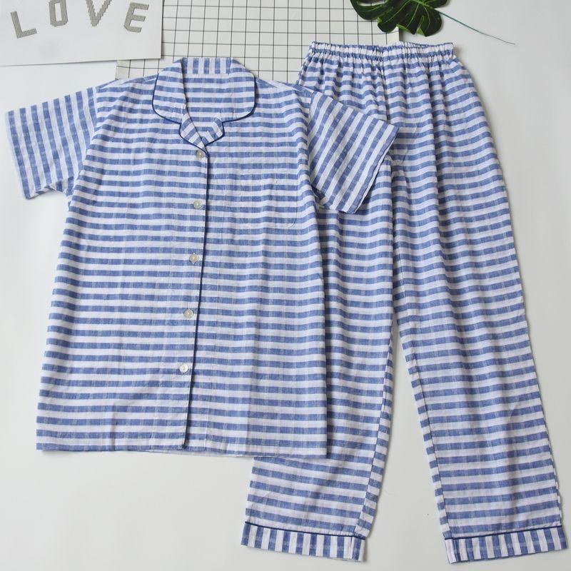 

Women s Pure Cotton Stripes Lapel Short Sleeve Pants Pajamas Suit Summer Thin Casual Loose Homewear Blue and White Stripes M