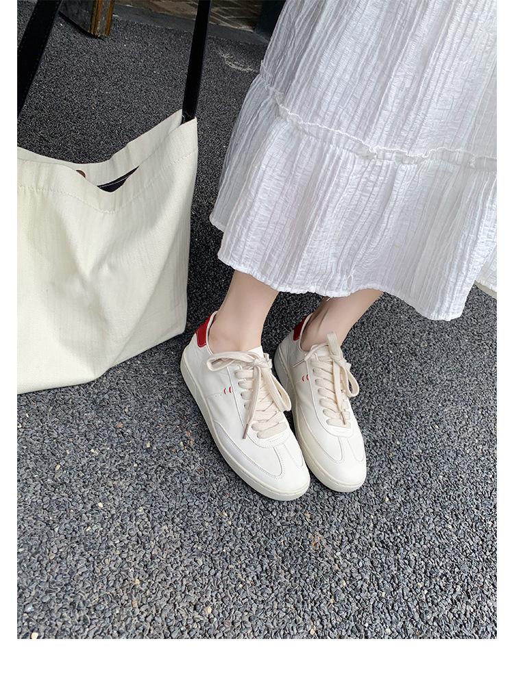 Cowhide Version of Old Leather Round Head Flat Bottom Sports and Leisure Shoes German Training Shoes Women's Board Shoes Lace-up Versatile White Shoes