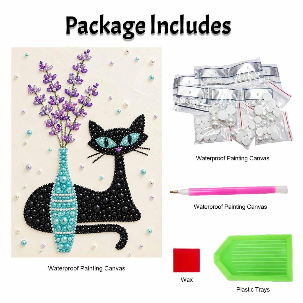 Black Cat and Lavender Vase Pearl and Diamond Painting Art Kit DIY Gemstone Beading Craft Kit Home Wall Decoration