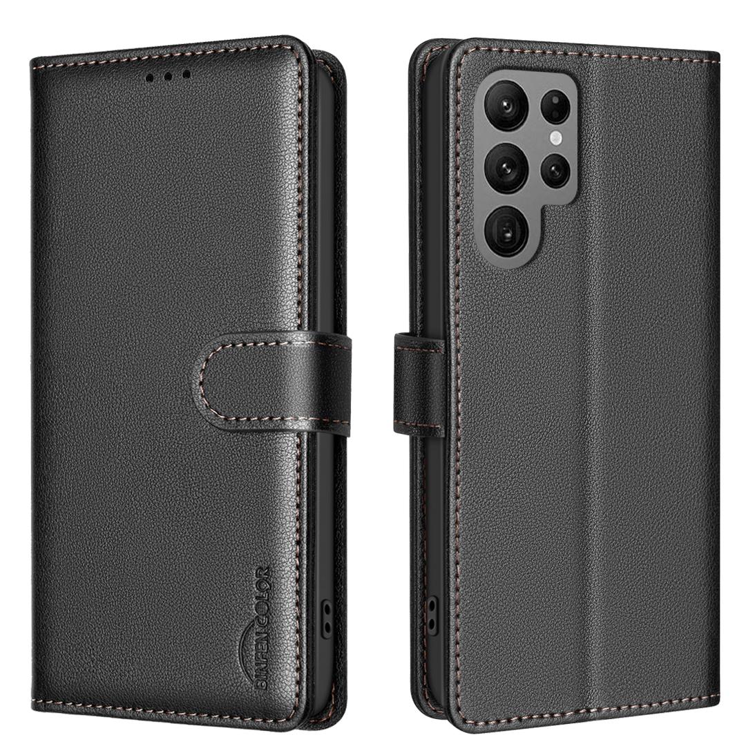 

BINFEN COLOR BF32 For Samsung Galaxy S23 Ultra Case RFID Blocking Leather Wallet Phone Cover Black