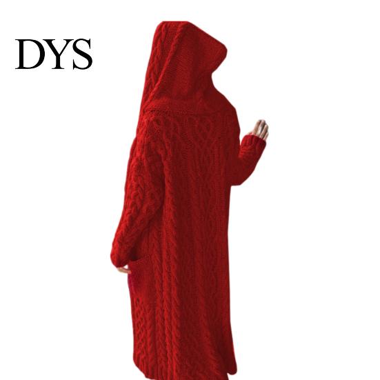 Hooded Coat Women Sweater Jacket with Pockets Mid Length Knitted Twisted Texture Solid Winter Color Long Sleeve Plus Size Thick Daily Commuting
