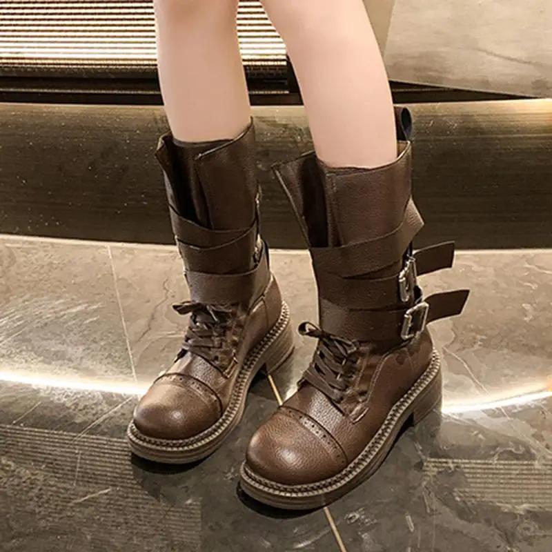 Fashion Brand Designe Metal Belt Buckle Mid Calf Boots Women 2025 Punk Medium Heel Western Cowboy Boots Fashion Winter Shoes Women