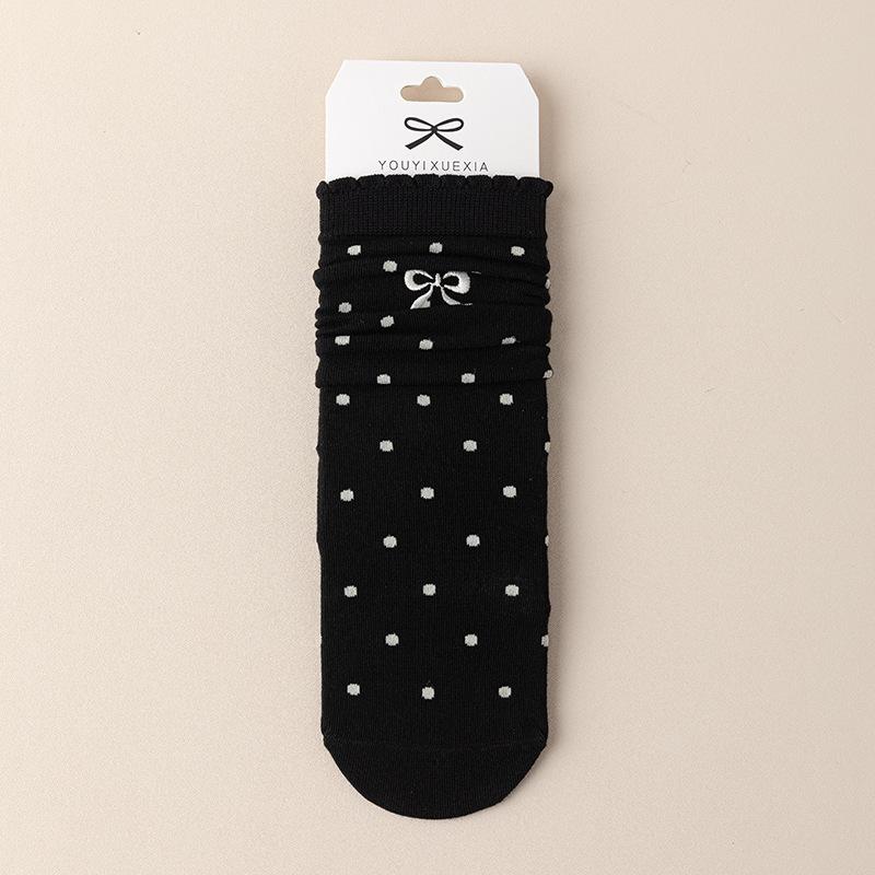 Female Spring and Autumn Bow Wood Ear Lace Polka Dot Boneless Drum Pile Cotton Socks