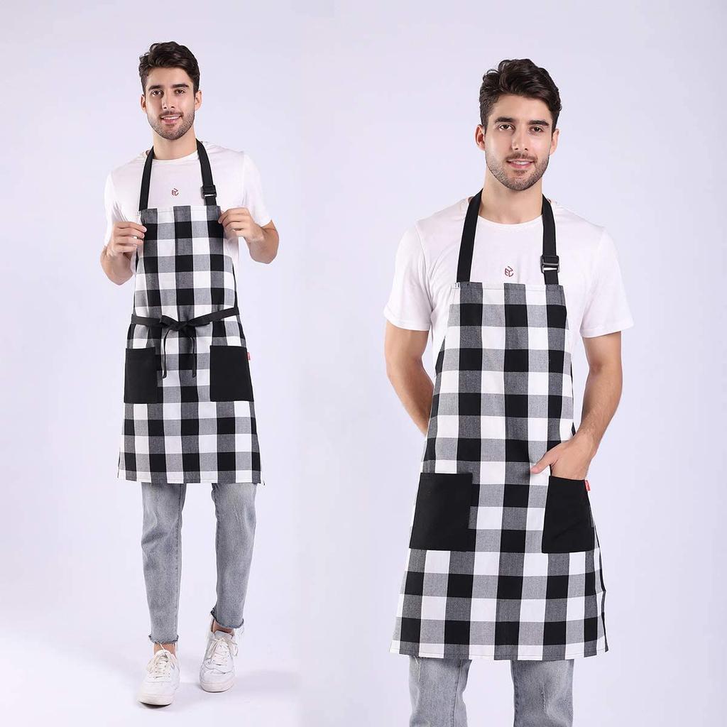 Ladies Cute Ladies Cotton Apron with Adjustable Neck Cute Apron for Kitchen Home Bakery and White [GOENJOYSELF] Apron, Strap, Cooking, (Black Grid)