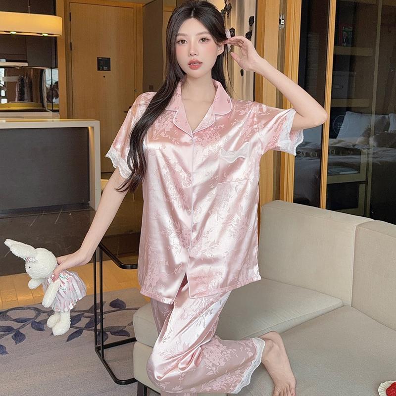 Women Sleepwear Sets Rest Summer Autumn Lace patchwork jacquard Pajamas Set Turn Down Collar Faux Silk Satin Short Sleeve Female Pijama Home Wear