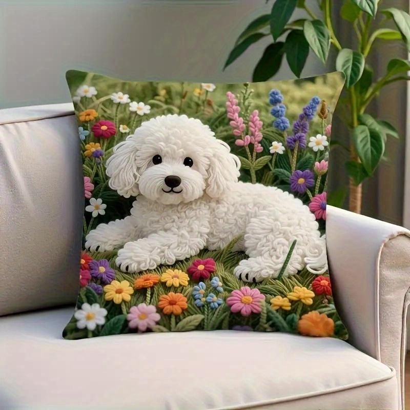 Vikama Double-Sided White Poodle Floral Print Pillowcase: Modern Decorative Set Suitable For Sofas, Beds, And Cars