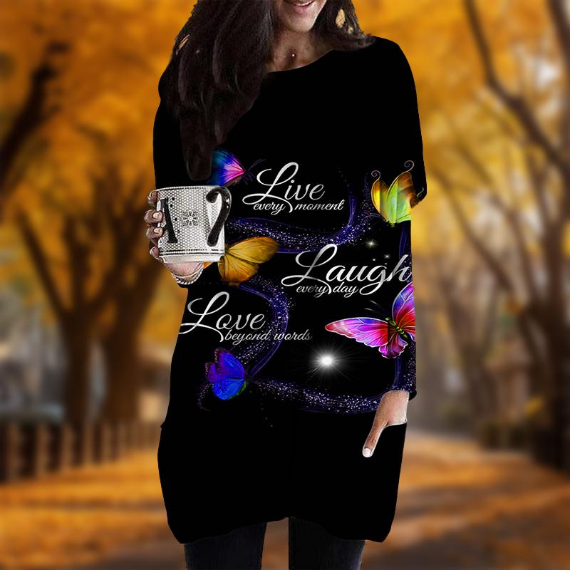 

Новинка осени с принтом в виде букв и бабочек, платье больших размеров для женщин с круглым вырезом, длинными рукавами, повседневные платья с карманами 8XL оранжевый