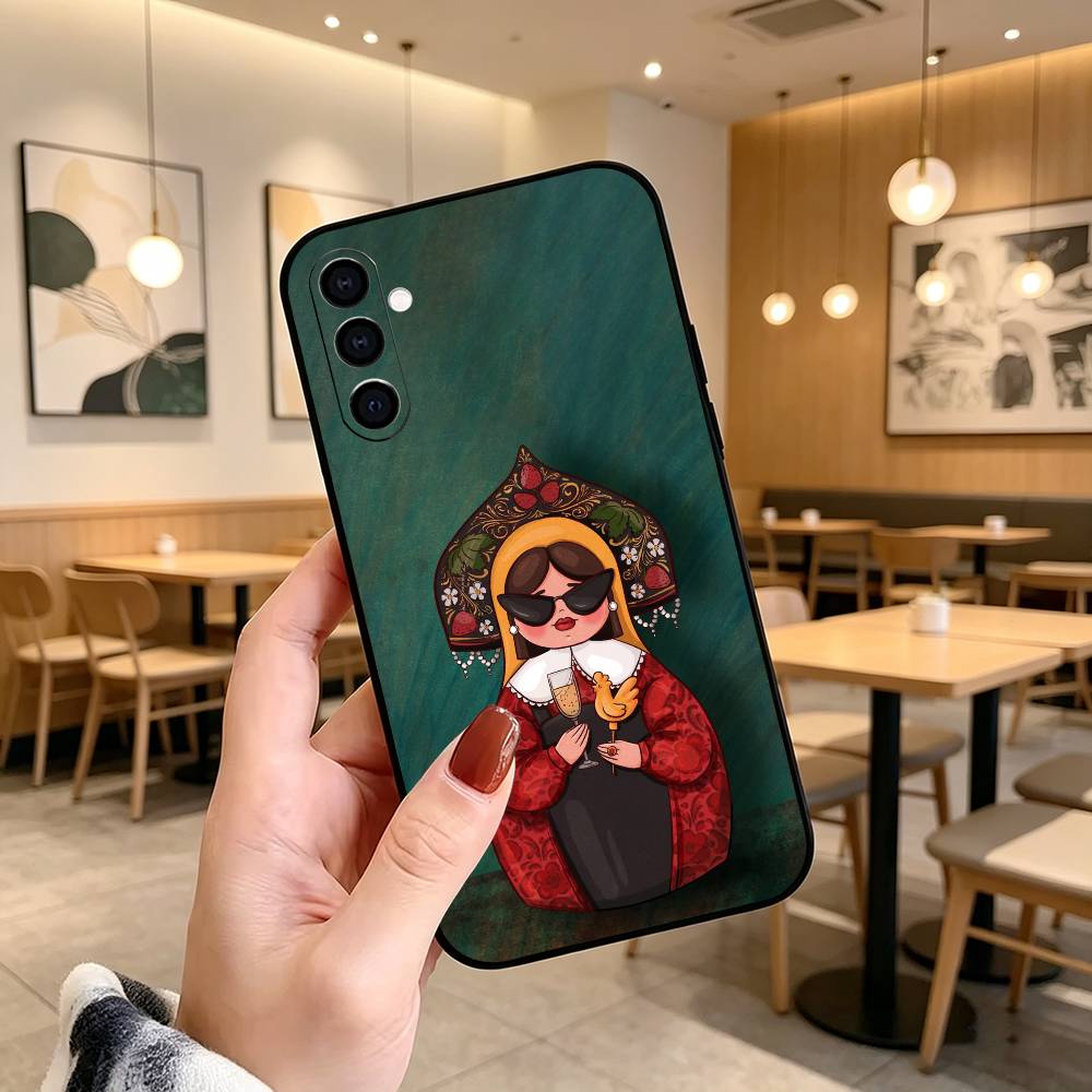 Adorable R-Russian Folk Art Doll Phone Case Black Silicone Soft For Samsung Galaxy A73,A72,A71,A70,A53,A52,A51