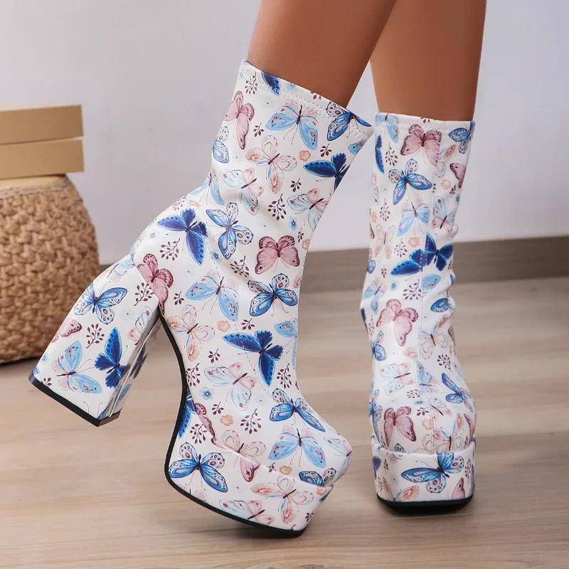 Fashion 2024 New Women's Short Boots Fashion Square Head Waterproof Platform High Heels Versatile Thick Sole Women's Boots