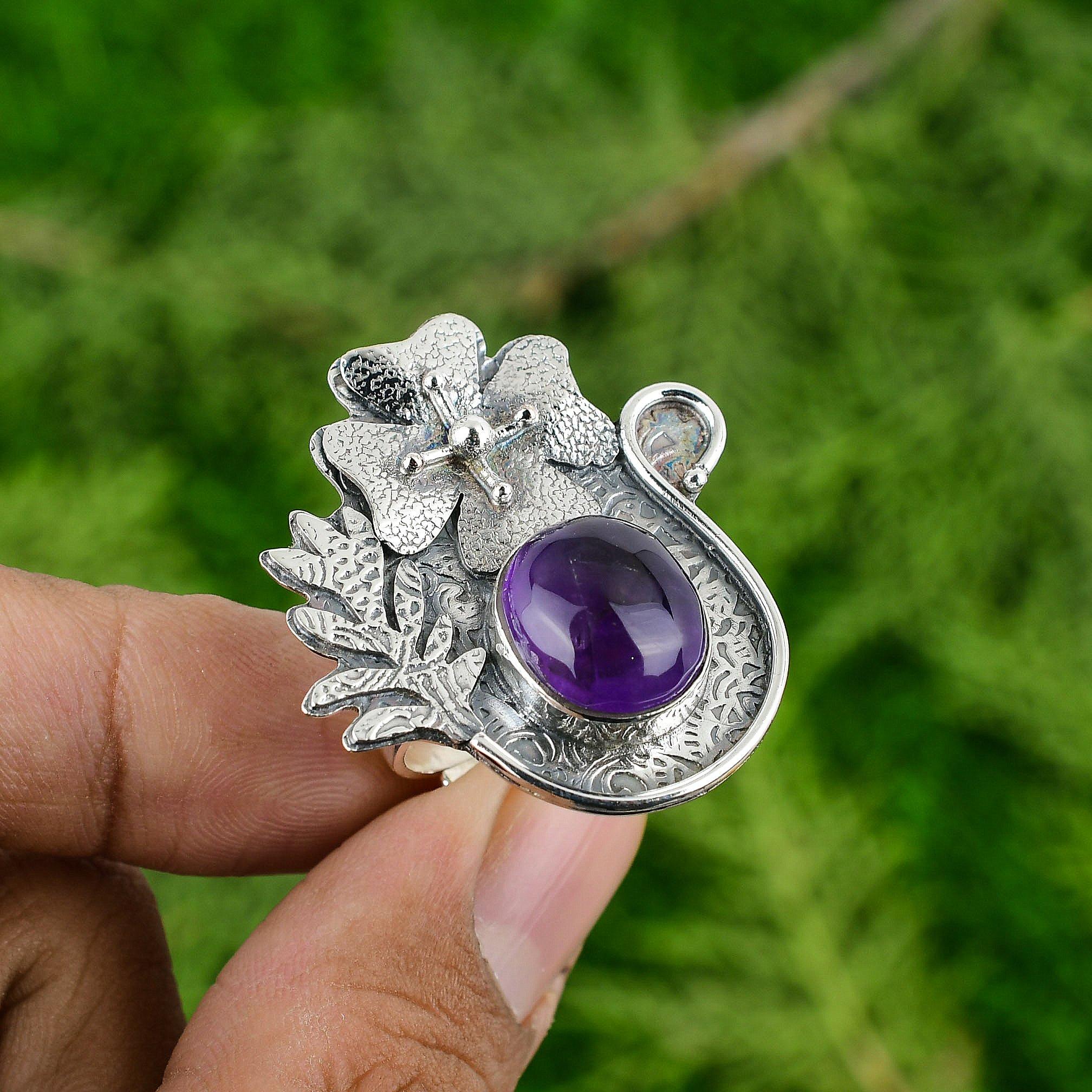 

Натуральный африканский аметист Солитер Цветок Фиолетовое регулируемое кольцо 925 серебро Adjustable