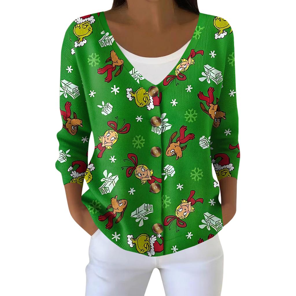 Women's Fashion Long Sleeve Christmas Snowman Snowflake Print Jacket Cardigan