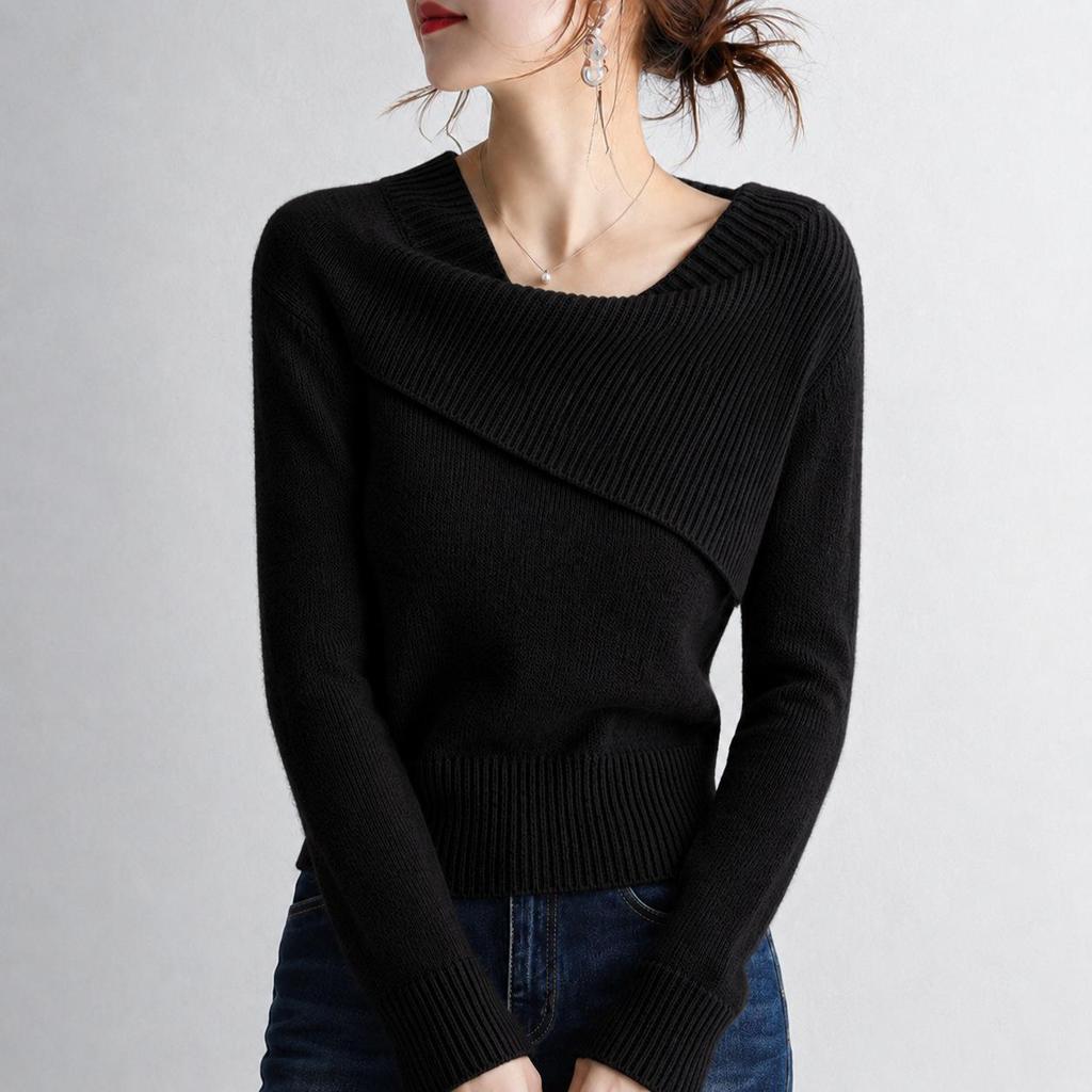 Japanese One-Shoulder Irregular Knit Sweater for Women - 26 Years Style, Autumn/Winter, Long Sleeve Base Layer