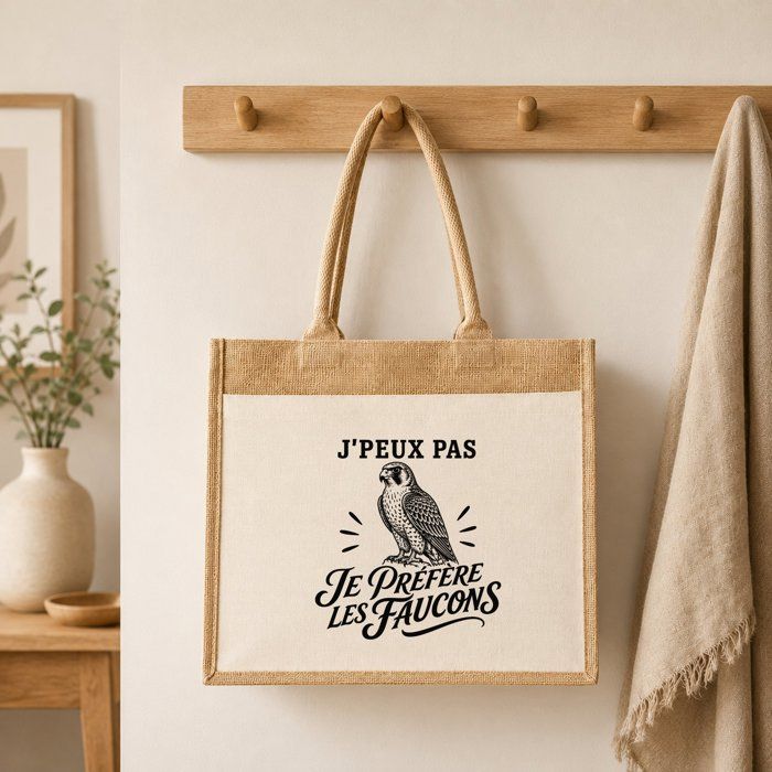 Sac cabas en jute - PLANETEE - J’peux pas je préfère les Faucons - Toile jute &amp; coton - 21 L - Impression transfert