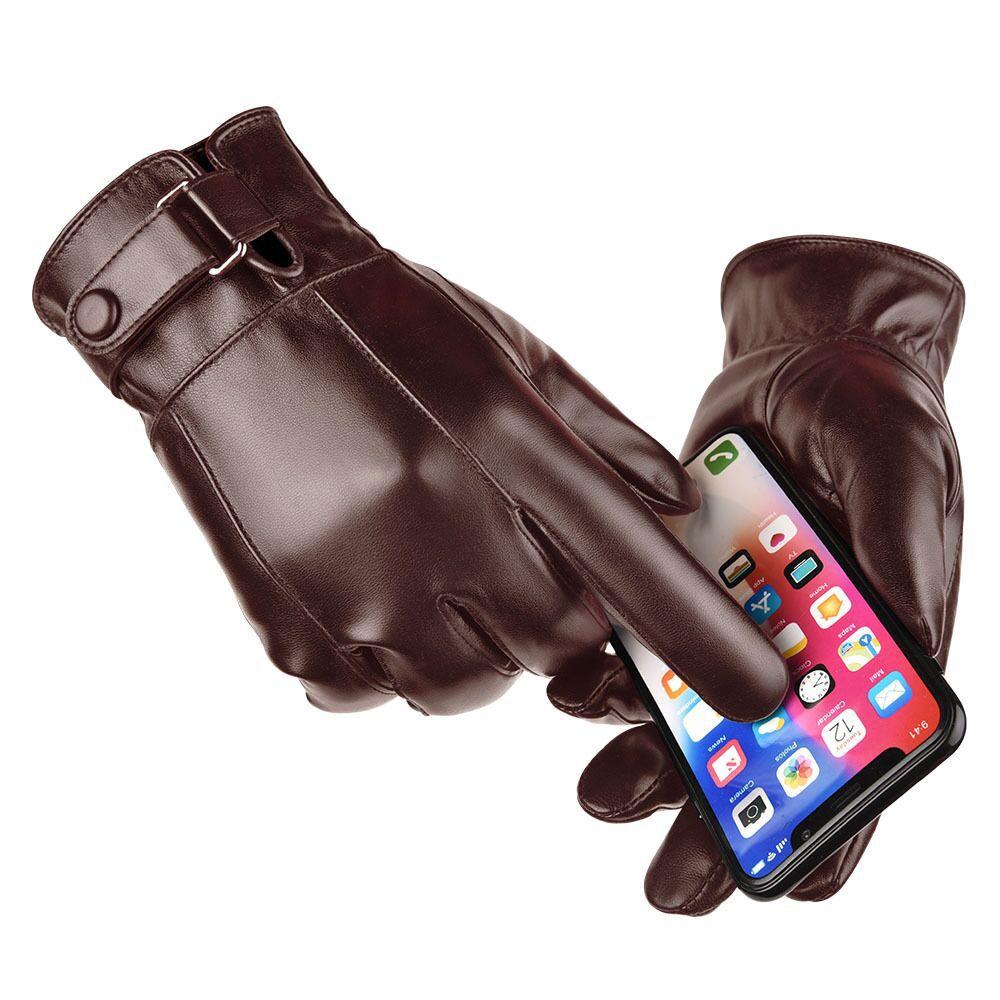 Leather Gloves Men's Winter Touch Screen Thickened Warm Windproof Cold Driving Motorcycle Leather Gloves