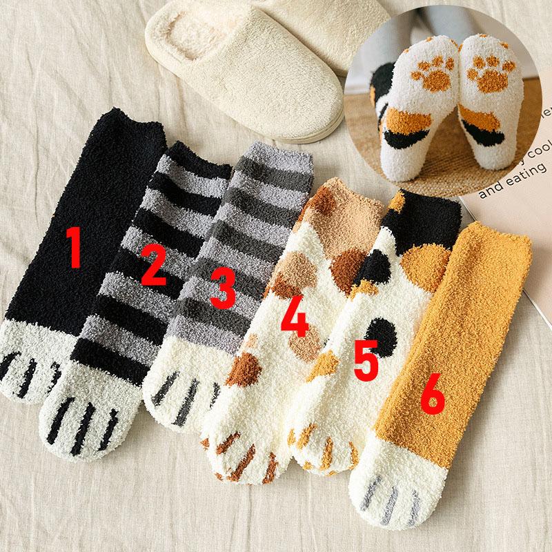 6 Pairs Woman Socks Set Cartoon Cute 3D Dog Cat Paw Pattern Winter Female Fleece Warm Home Floor Sleeping Thick Socks