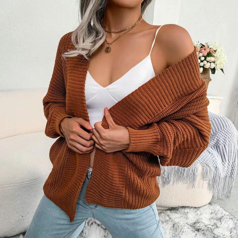 Autumn and Winter New Long-sleeved Loose-knit Cardigan Solid Color Buttonless Sweater Jacket Top Women
