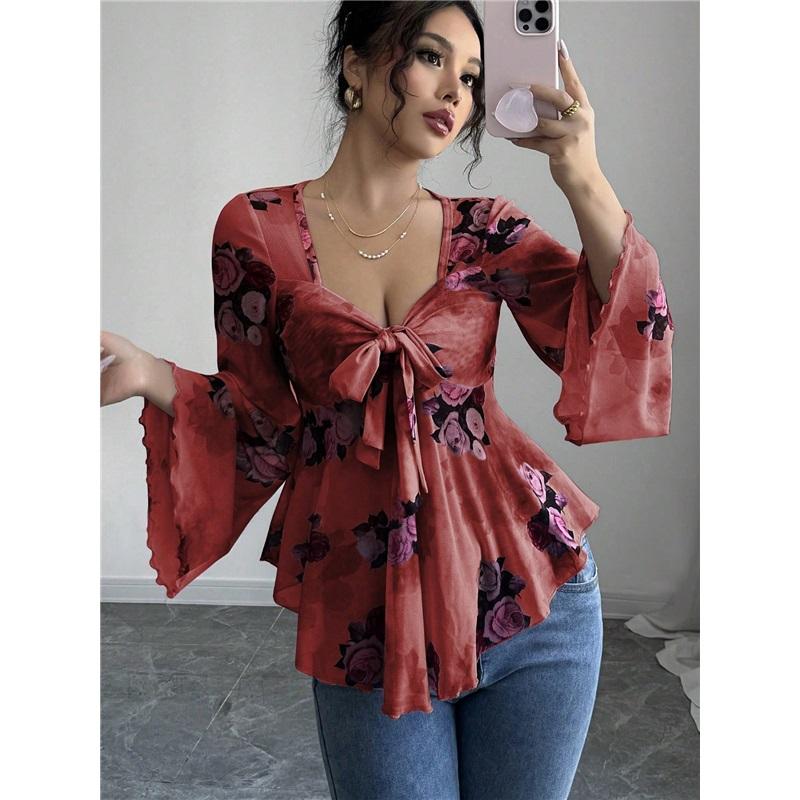 Women's Floral Print Bell Sleeve Peplum Top V Neck Tie Front Blouse