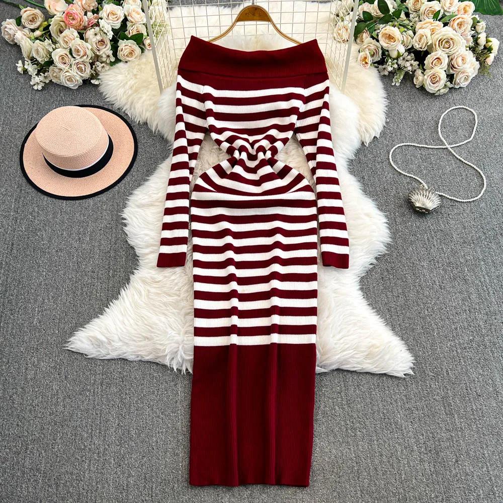 Vestido ajustado de punto con hombros descubiertos y cuello en V a rayas con bloques de color, sexy, para mujer, otoño, vestidos cruzados, ChicDresses