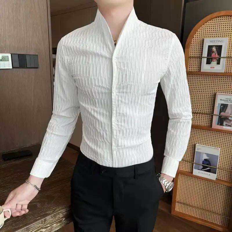 Men's Slim Fit Mandarin Collar Long Sleeve Shirt Textured Fabric Casual Business Shirt