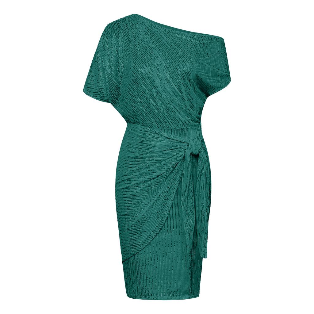 Fashionable Color Glitter Dress With Pleated Shoulder