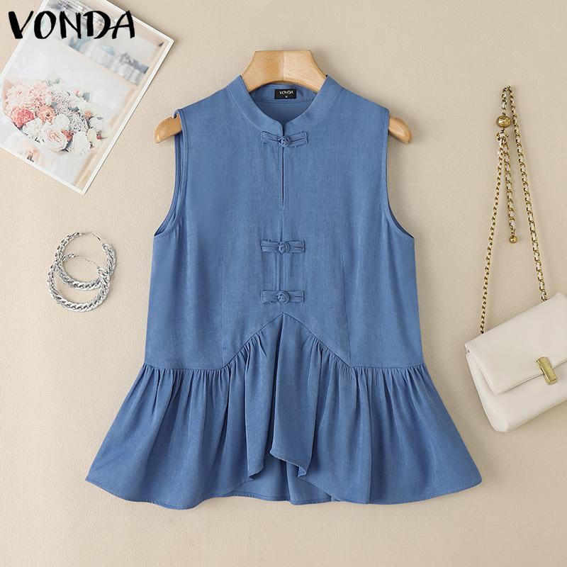 

VONDA Women Summer Sleeveless Vintage Buttons Up Irregular Casual Ruffled Tank Tops 4XL синій