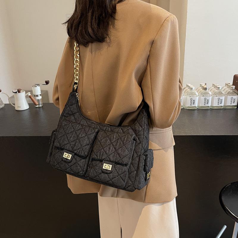 2025 Ming New Casual Versatile Washed Multi-Pocket Denim Bag Chain One Shoulder Underarm Bag Women's Bag