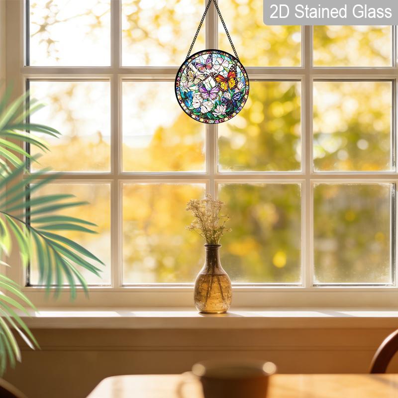 2D Flat, 1pc Butterflies & Flowers Round 7.87in Glass Suncatcher, Colorful Butterflies & Flowers Print Window Hanging Ornament, Vibrant Nature Home