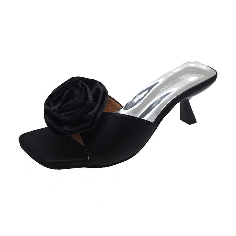 2025 Spring and Summer New Satin Rose Decoration Stiletto High Heels Open-toed Fashionable Round Head Cool Slippers Women's Shoes