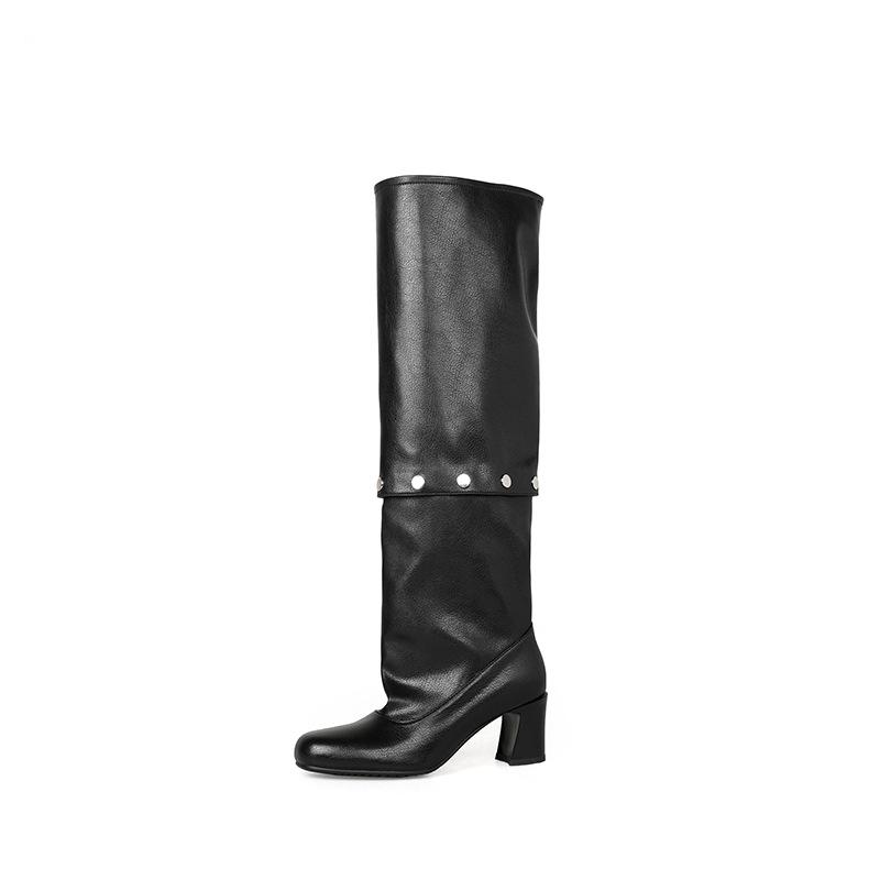 Foreign trade two wear removable knee boots 2025 new retro thick heel rivets thin leather high boots