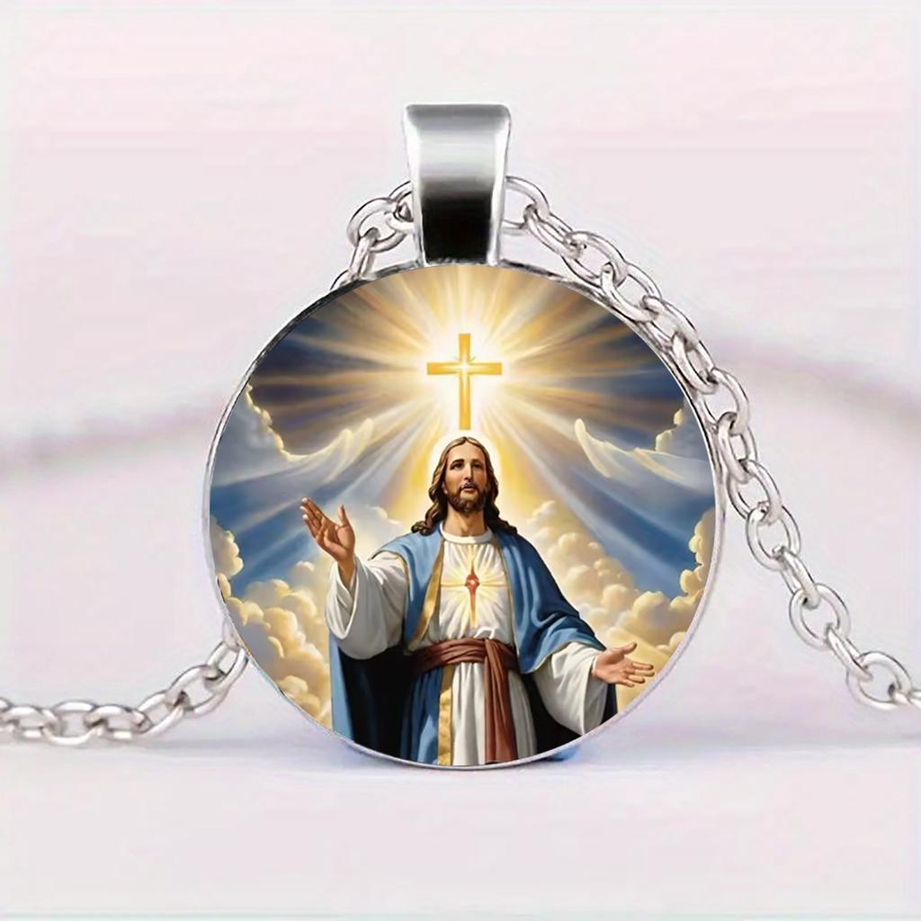 Jesus Cross Necklace, Sacred Guardian Necklace Symbolizing Faith, Glass Pendant